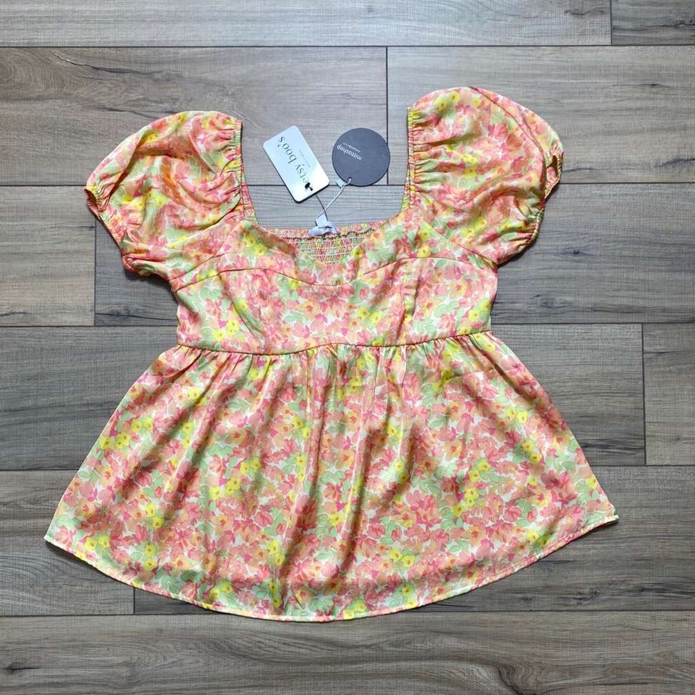 Mittoshop Women's Floral Balloon Short Sleeve Smocked Back Top Large Pink Peach‎